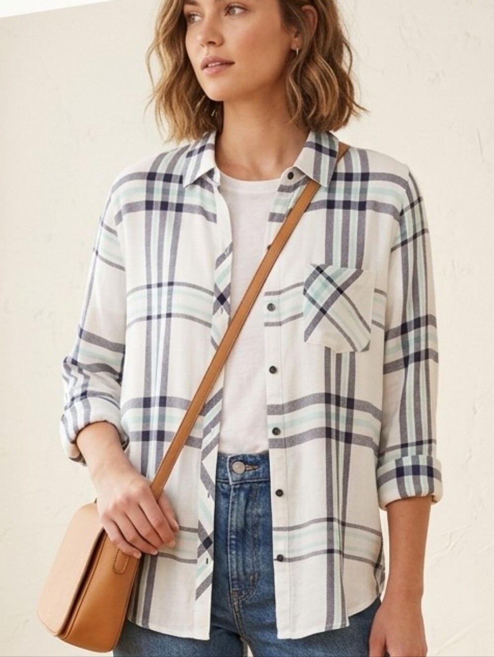 Rails Hunter Plaid Button Down Shirt Soft Rayon White Blue Mint Medium